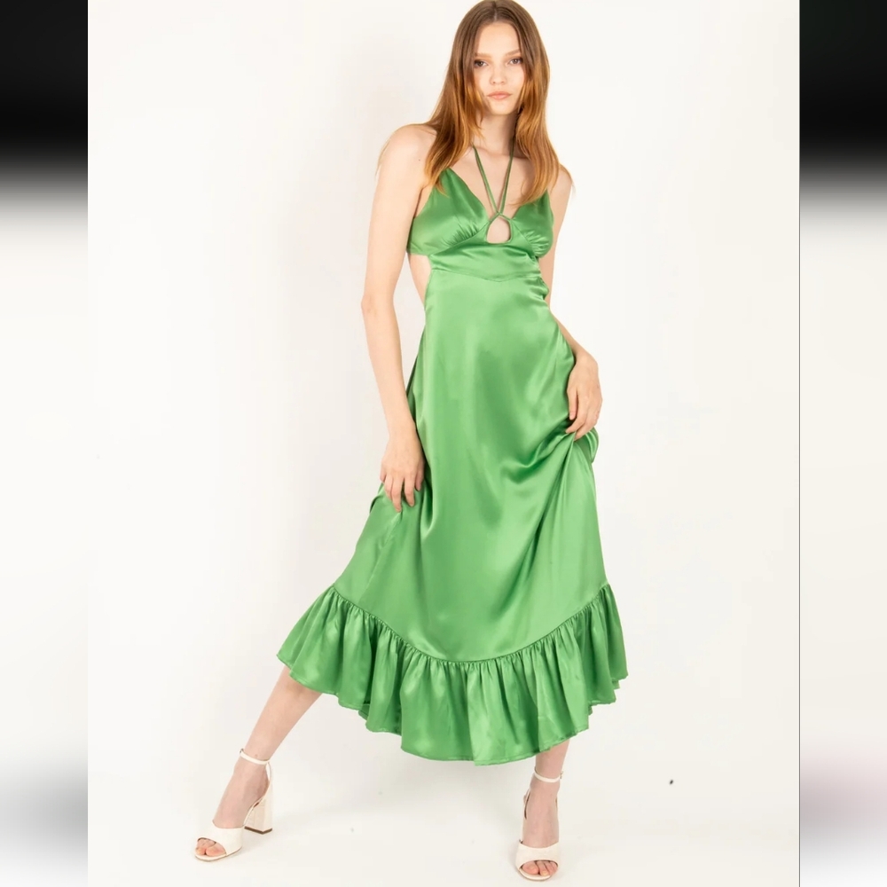 Secret Mission 100% Silk Kathleen Kelly Green Maxi Cutout Dress Size Large NWT